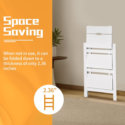 3-Step Ladder Chair Folding Step Stool Chair 22.44" L x 16.33" W x 25.6" H 220 LBS Load Capacity White Pinewood Counter Chairs for Kitchen Bedroom Living Room Warehouse, Space Saving