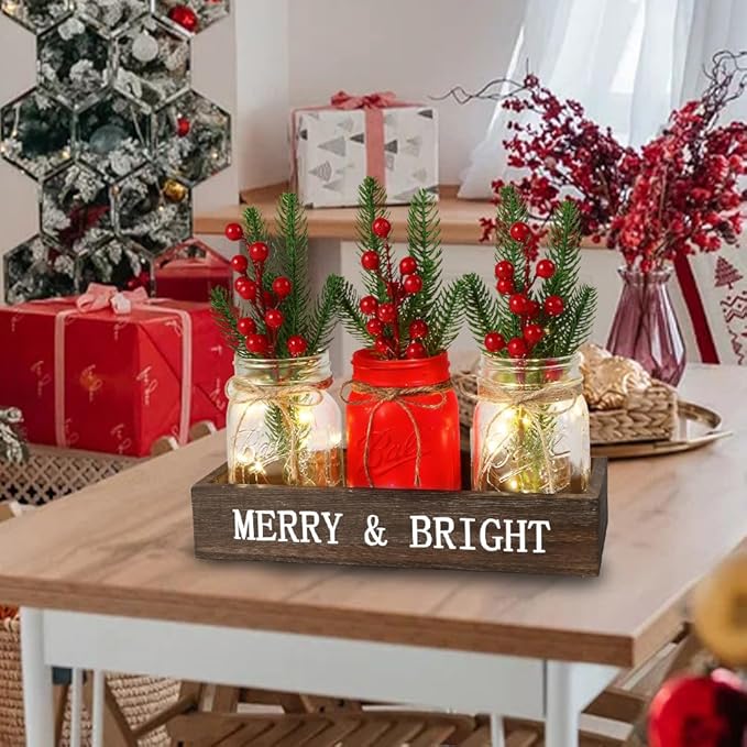 DIYDEC 3PCS Christmas Mason Jars 3*5Inch lighting Painted Xmas Tiered Tray Decorative Jars with Wood Tray &Artificial Flowers Wishing Bottles for Winter Holiday Home Table Centerpiece Decor Gift (Red)