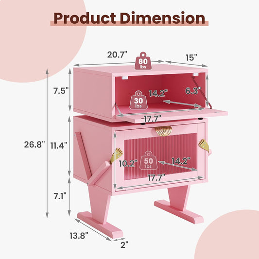 RoyalCraft Nightstand with LED Light Strips, Pink End Table for Bedroom | Modern Bedside Table with 360°Rotating Drawer, Wood Night Stand Cabinet with Glass Door Storage for Living Room, Home Office