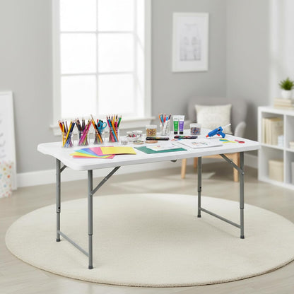 FurnitureR Adjustable Folding Table 4FT, Plastic Utility Table with 3 Height Settings, Fold-in-Half with Handle, Foldable and Portable for Indoor Outdoor Picnic Camping Party, White