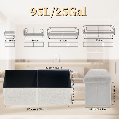 Bsketa Storage Ottoman Bench, 34" Folding Velvet Foot Rest Stool, White | Large Ottoman with Storage, Thicker Foam Padded Seat, Livingroom, Dorm, Bedroom, Easy to install, 86L,34 x 13 x 13in
