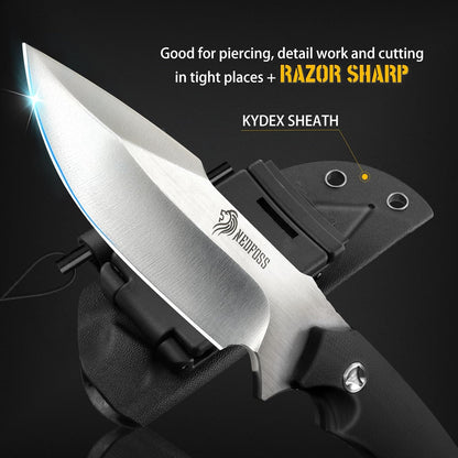 NedFoss Survival Knife with Fire Starter and Kydex Sheath, 9.25" Full Tang Fixed Blade Camping Knife with Sheath Horizontal & Vertical, Bushcraft Knife with G10 Handle for Outdoor, Hunting, Fishing