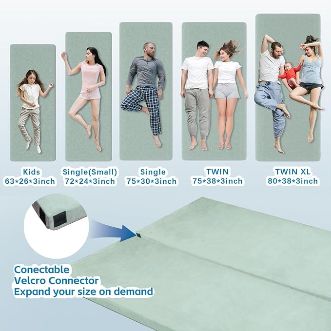 KingChii CertiPUR-US Memory Foam Camping Mattress, Portable Roll Up Travel Car Camping Mattress Sleeping Pad & Floor Mattress, Cot Mattress Guest Bed for Sleepover with Waterproof Cover & Travel Bag