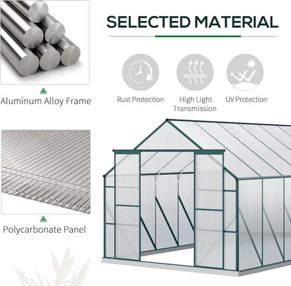 Outsunny 16' x 8' Aluminum Greenhouse Polycarbonate Walk-in Garden Greenhouse Kit with Adjustable Roof Vent, Rain Gutter and Sliding Door for Backyard, Patio, Clear