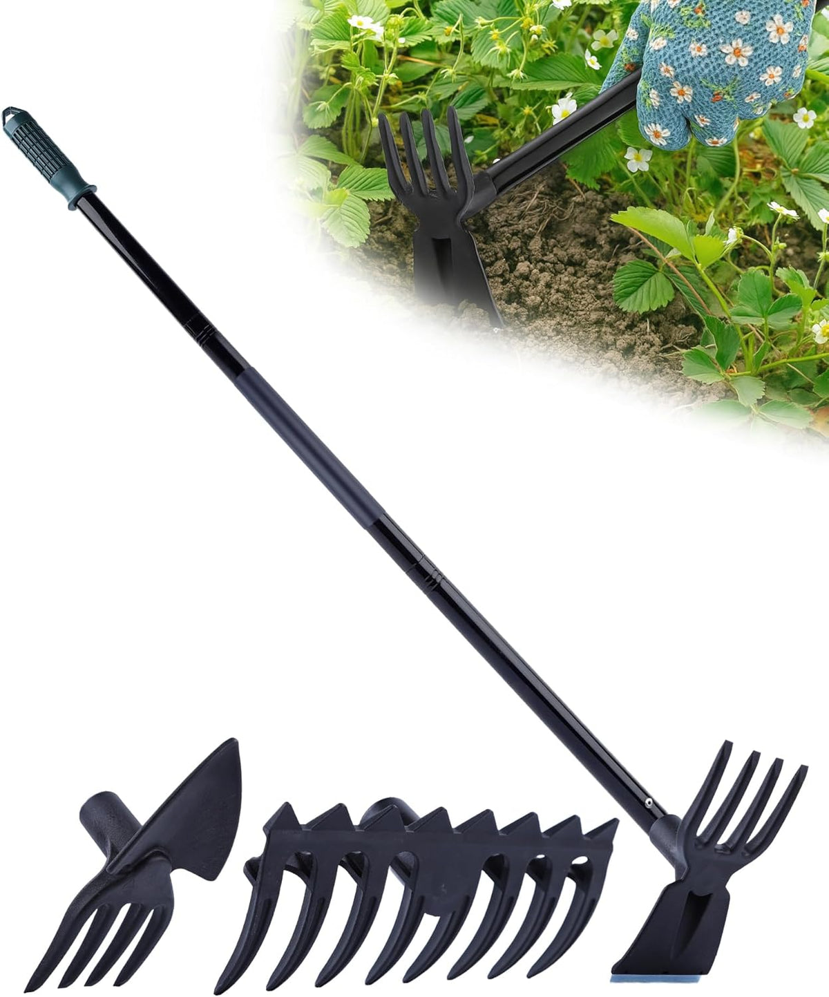 5-in-1 Garden Hoe - Adjustable 37" to 50" Handle, 5 Tool Heads, Heavy-Duty Weeding, Cultivating, and Raking Tool for Gardening, Camping, and Outdoor Use