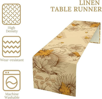 Vintage Bee Table Runner, Rustic Retro Wildflowers Print Home Farmhouse Table Cover for Party Indoor Outdoor Decoration Kitchen Dining Table Decor, 13x36inch