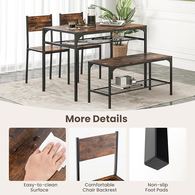 Tangkula Dining Table Set for 4, Kitchen Table and 2 Chairs for 4 with Bench, Additonal Storage Rack, 4 Piece Dining Table Set for Small Space, Apartment