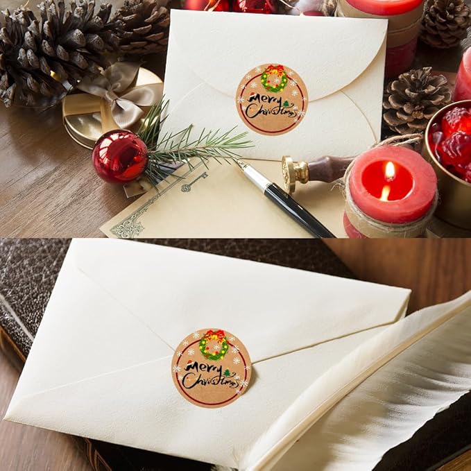 100-1000pcs Custom Stickers Merry Christmas Stickers Personalized Labels Adhesive Xmas Decorative Envelope Seals Stickers for Cards Gift Boxes (Round Kraft -10)