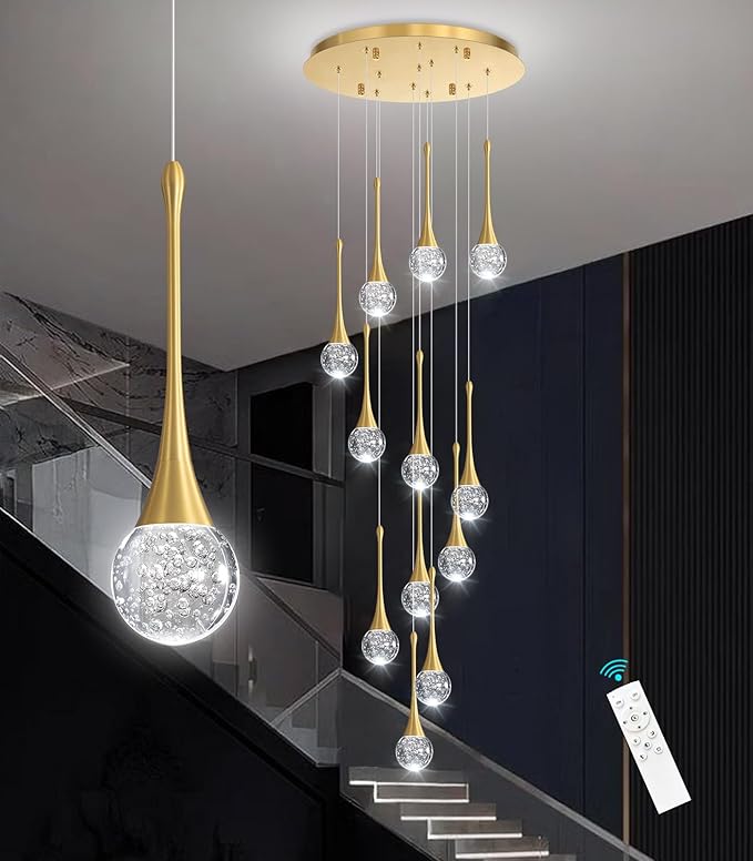 118 inches Modern Glam Crystal Chandelier for High Ceiling LED Dimmable Ceiling Pendant Light Staircase Foyer Enterway Living Room Chandelier Lighting Antique Gold 12 Lights