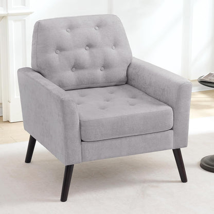 Accent Chair Set of 2, Mid Century Modern Living Room Chairs, Upholstered Armchair with Tufted Back & Wood Legs, Single Sofa Reading Side Chair for Bedroom Office Waiting Room, Light Grey