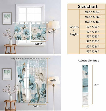 Spring Floral Bathroom Curtains 63 Inch Length, Window Curtains Tab Top, Vintage Tulips Flower Butterfly Retro Wood Blue Light Filtering Window Treatments Drapes 52"x63" 2 Panel