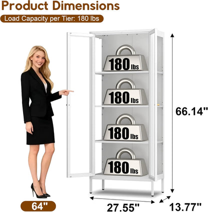 UNICOLY Display Cabinet with Glass Doors, Glass Display Cabinet 4-Tier, Metal Curio Display Cabinet with Tempered Glass Doors for Living Room, Plant, Display Shelf, Assembly Required, White