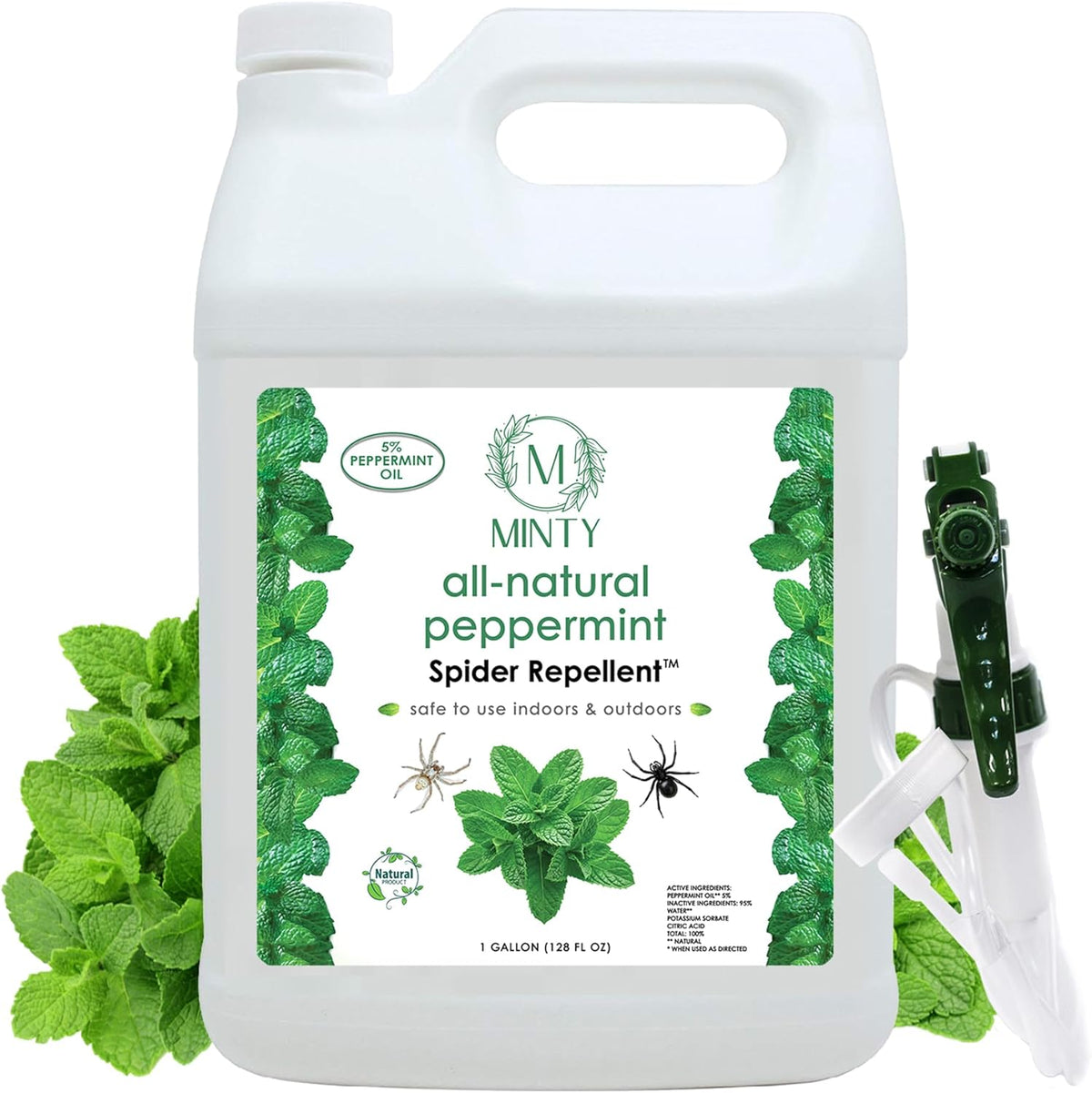 Minty Spider Repellent, Natural 5% Peppermint Oil Spray, Kills & Deters All Types of Spiders and Insects, Indoor and Outdoor Use, 128 fl oz Gallon