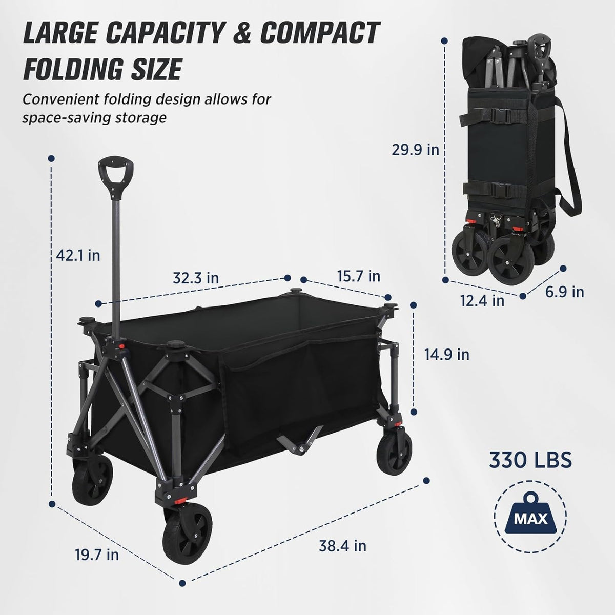 EAGLE PEAK Heavy-Duty Collapsible Folding Utility Wagon, All Terrain Garden Hand Cart with Large Size Pocket and Cup Holders for Sports, Beach, Camping, Garden, and Grocery, Black
