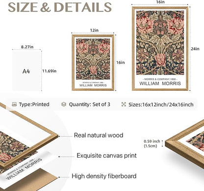 Cyebmo Wood Framed William Morris Wall Art Set of 3, Rustic Farmhouse Floral Wall Decor, Retro Flower Plants Aesthetic Picture, Vintage Botanical Art Prints for Living Room Bedroom Bathroom 12"x16"x3