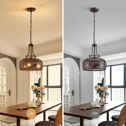 WUZUPS Chandelier Rustic Farmhouse Industrial Round Ceiling Pendant LED Light Fixture with Later-Cut Openwork Drum Shade, H 15.7" x W 13.4", Oil Rubbed Bronze