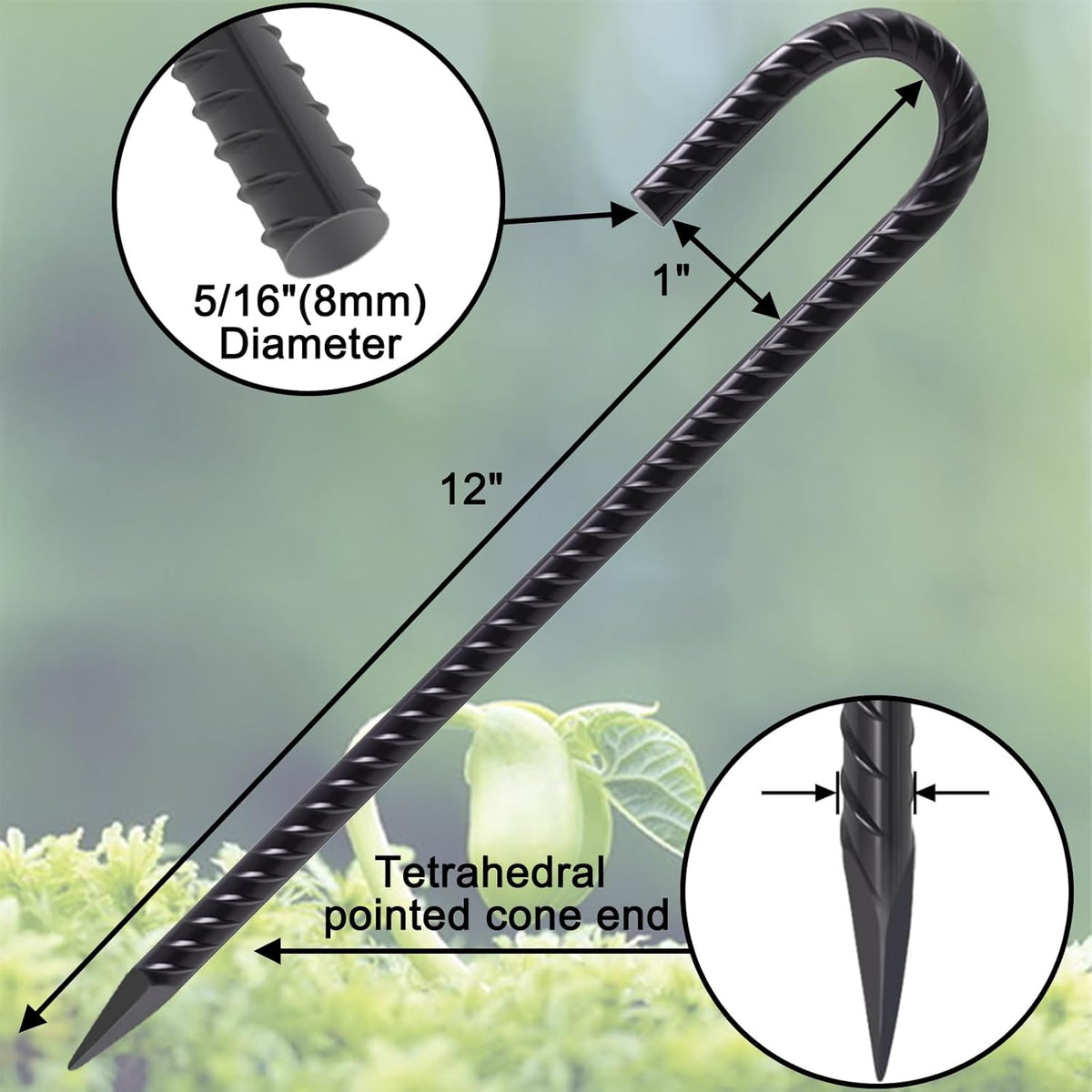 VVOKGO Rebar Stakes 12 Inches J Hook Heavy Duty Chain Link Fence Stakes, 8 Pcs Metal Long Tent Spikes Ground Anchors for Wire Fencing, Dogs Digging, Camping Tents, Swings, Greenhouse, Black