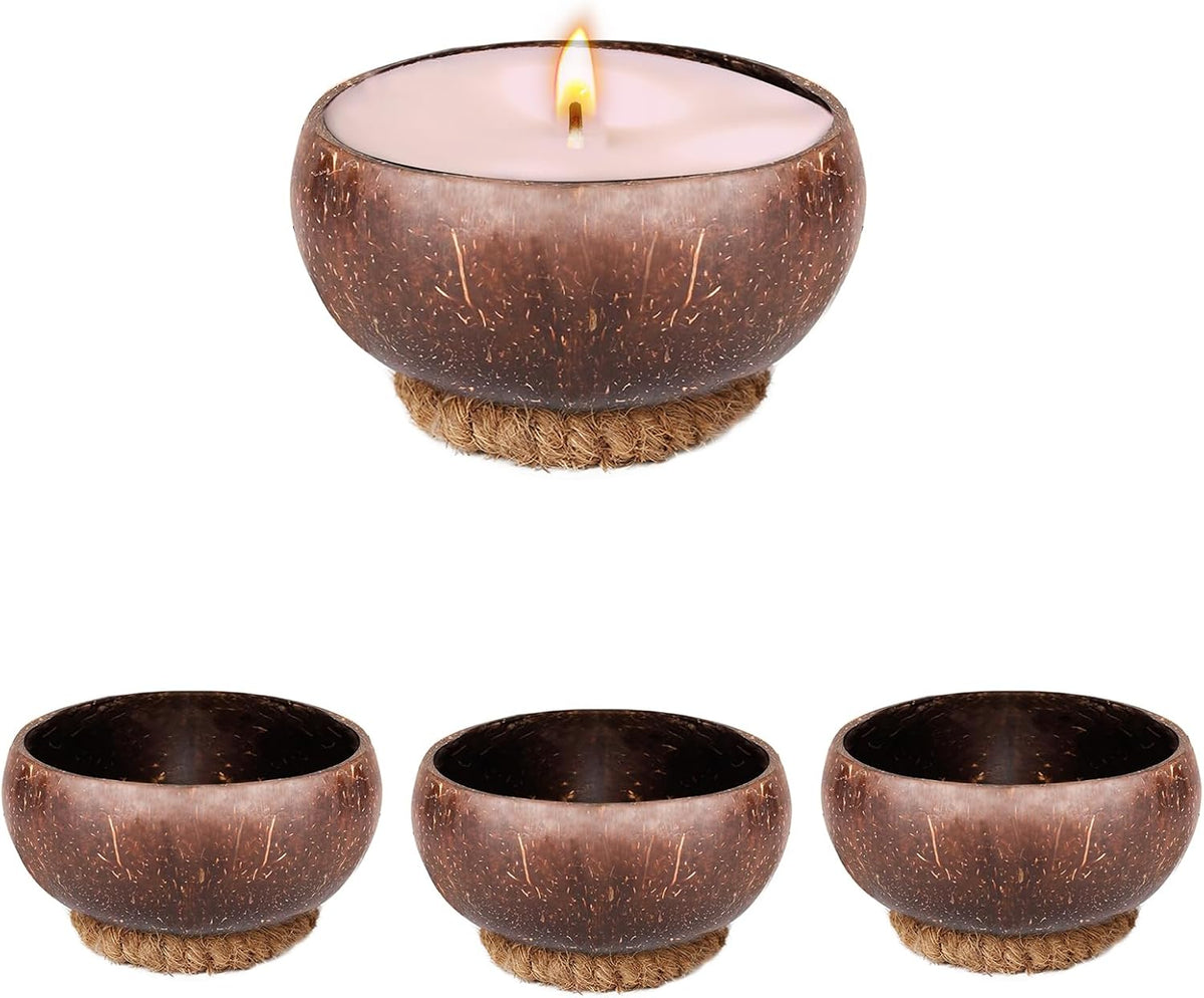 4 PCS Dough Bowl for Candle with Coconut Silk Base, Natural Coconut Shell Bowl Vintage Rustic Farmhouse Decor, Wood Candle Container for DIY Home Crafts Making Farmhouse Table Centerpiece