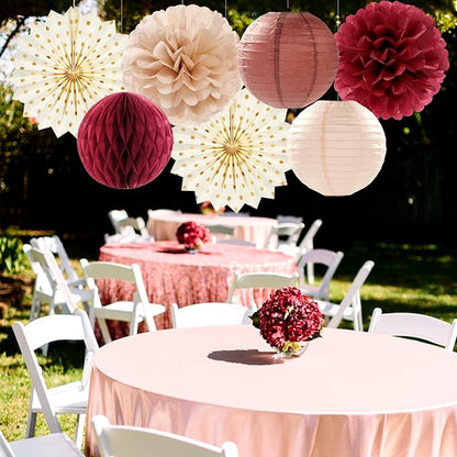 Brown Burgundy Champagne Boho Party-Decorations - 14pcs Rustic Wedding Paper Lanterns Fan,Tissue Pom Poms Streamers,Honeycomb,Fall Autumn Birthday Baby Bridal Shower Engagement Decor Lasting Surprise