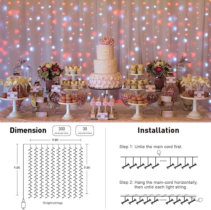 JMEXSUSS 300LED Red and White Christmas Curtain Lights with Remote, 9.8x9.8ft Christmas String Lights Plug in, 8 Modes Twinkle Hanging Fairy Lights for Bedroom Window Wall Porch Indoor Outdoor Decor