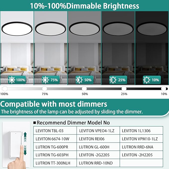 24 Inch Dimmable LED Ceiling Light Fixture, Ultra Thin Flush Mount, 48W 4800Lumen, 3 Color Changeable, Round, Black, for Dining Room, Living Room, Bedroom, Office, Hotel