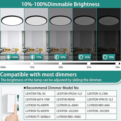24 Inch Dimmable LED Ceiling Light Fixture, Ultra Thin Flush Mount, 48W 4800Lumen, 3 Color Changeable, Round, Black, for Dining Room, Living Room, Bedroom, Office, Hotel