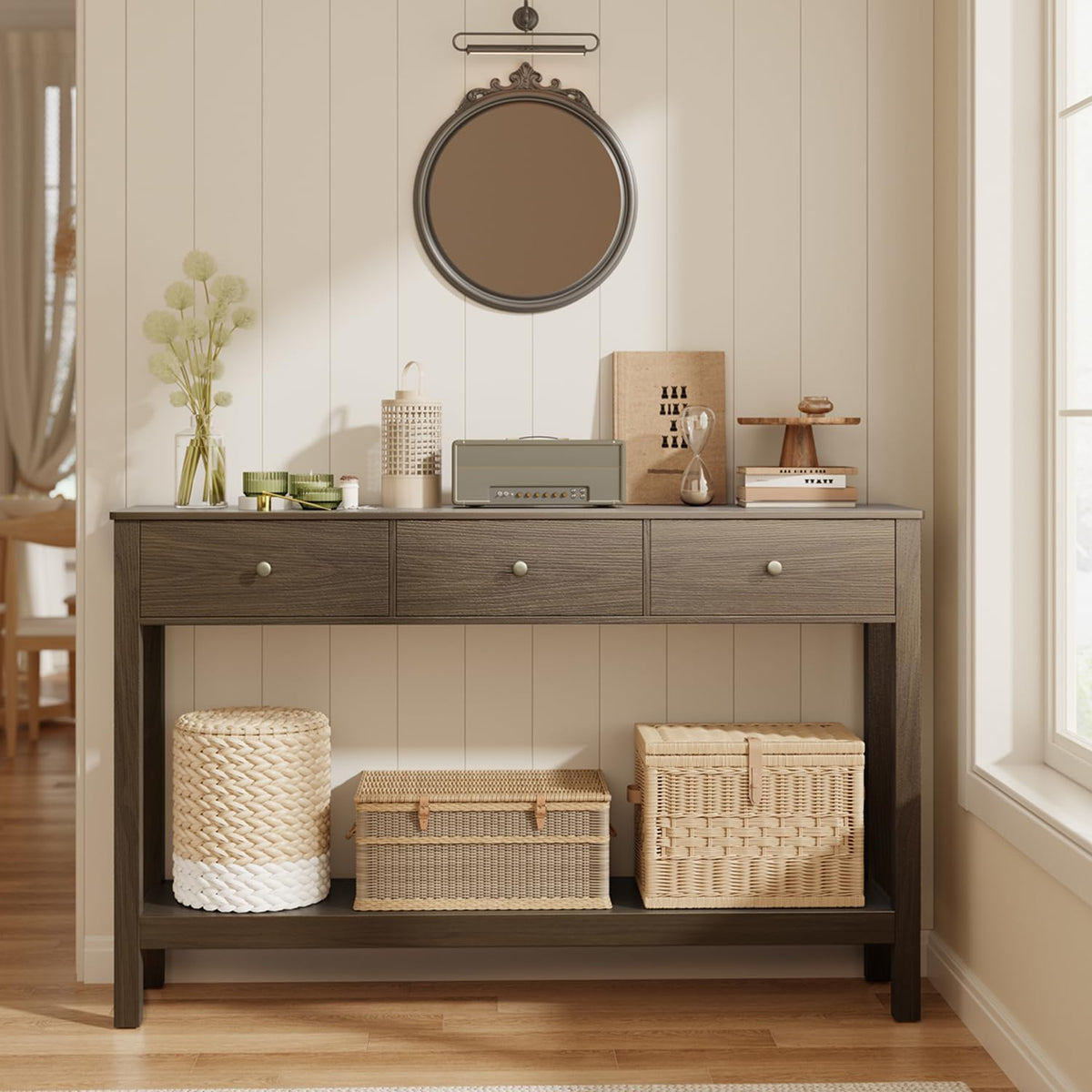 Gizoon Sofa Table with 3 Drawers, Modern Accent Console Table with Open Shelf, Large Storage Space, for Living Room, Front Hall, Entrance Hall, Study Room, Dark Brown