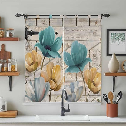 Watercolor Flowers Living Room Curtains 84 Inch Length, Window Curtains Tab Top, Vintage Tulips Floral Barn Doors Wood Grain Light Filtering Window Treatments Drapes 42"x84" 2 Panel