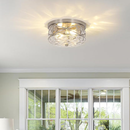 LamQee 9.8" Small Flush Mount Ceiling Light With Clear Hammered Glass, Brushed Nickel Hallway Light Fixtures Ceiling Mount for Bathroom, 2-Lights Farmhouse Close To Ceiling Light Kitchen Foyer Bedroom