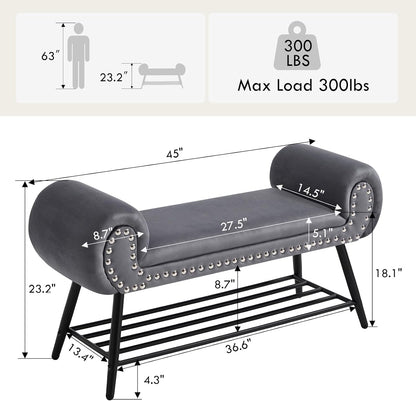 45" Velvet Entryway Bench with Shoe Storage Shelf, Grey | Upholstered bench with rolled arms, nailhead trim, padded seat and metal shelf for shoes, 1 seater, for hallway or bedroom