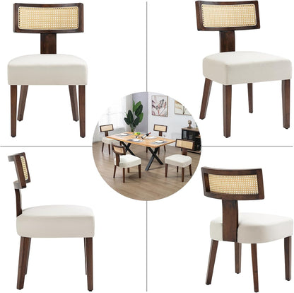 Rattan Dining Chairs Set of 2, Farmhouse Kitchen Chair with Cane Back & Wood Frame in Walnut Finish, Beige Linen Upholstered