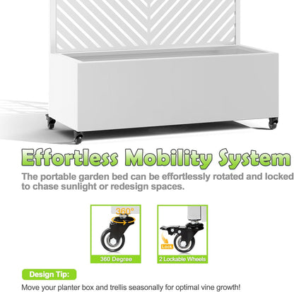 15.7"×70.9"×35.4" Metal Raised Garden Bed with Trellis and Wheels - Tall Trellis Planter Box for Climbing Plants, Vegetables & Vines - Outdoor Privacy Planters for Patio (White-Parallel)