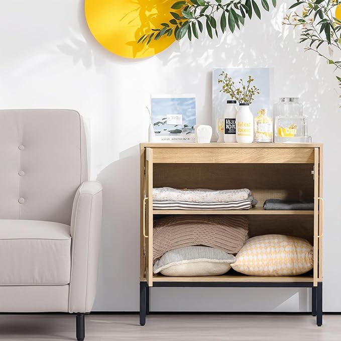 Buffet Cabinet with Storage, Storage Cabinet with Rattan Decor Doors, Accent Sideboard Bufft with Solid Wooden Feet, for Living Room, Hallway, Kitchen, Buffet Table