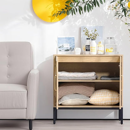 Buffet Cabinet with Storage, Storage Cabinet with Rattan Decor Doors, Accent Sideboard Bufft with Solid Wooden Feet, for Living Room, Hallway, Kitchen, Buffet Table