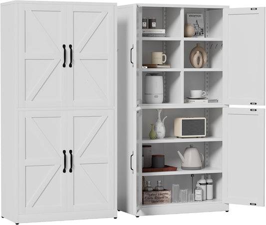 White Steel Kitchen Pantry Storage Cabinet with Adjustable Shelves, Heavy Duty Country Style Metal Storage Cabinet for Kitchen Bathroom Living Room