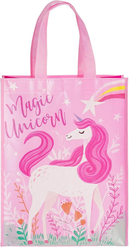 Loveinside Unicorn Reusable Gift Bag, Pink Magic Unicorn and Stars Design Medium Recycled Pink Gift Bag for Girls, Kids, Birthday, Baby Shower, Party Favor, 10" x 5" x 13", 1 Pcs