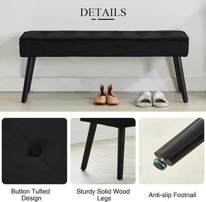LOULENS 44'' Velvet Entryway Bench, Modern Upholstered Buttons Tufted End of Bed Bench with Solid Wood Legs, Comfortable Bed Ottoman for Bedroom, Living Room, Entryway, Hallway, Black