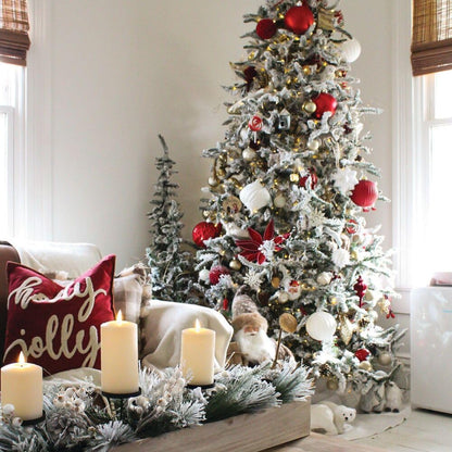 Fraser Hill Farm 42" Glittery Pine Candle Holder Christmas Decoration with White Berries and Ornament Balls, Holds 5 Pillar Candles, Elegant Christmas Table Decorations