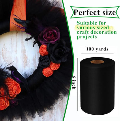 Black Tulle Fabric Rolls 6 Inch by 100 Yards (300 feet) Fabric Spool Tulle Ribbon for DIY Black Halloween Tutu Bow Baby Shower Birthday Party Wedding Decorations Christmas Craft Supplies