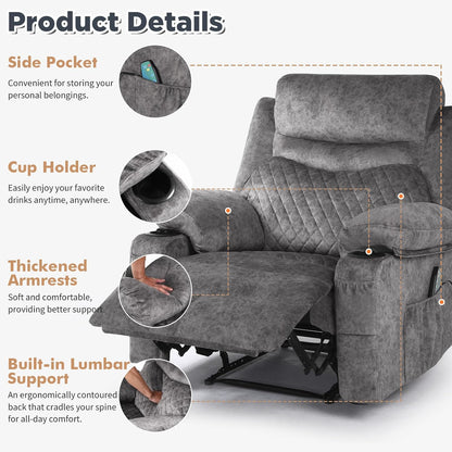 Overstuffed Massage Recliner Chair with Heat, Wide Seat Reclining Chair for Home Theater, Heated Massaging Manual Recliner Chairs with Cup Holders, Grey