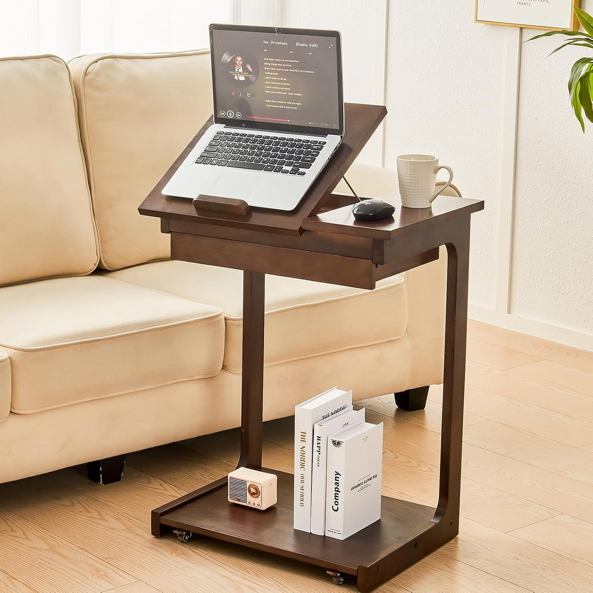 Wood Side Table for Couch - C Shaped Rolling End Table with Wheels Drawer, Wooden Modern Tv Tray Bedside Tables for Sofa Armchair Living Room Bedroom, Black Walnut, 15.4 in x 23.6 in x 24.8 in