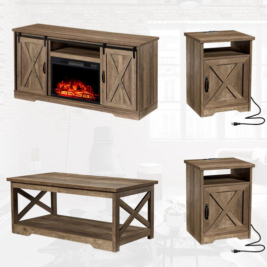 AMERLIFE Farmhouse 5 Piece Living Room Table Set, 59" TV Stand, Barnwood | TV Console for Living Room with 23" Electric Fireplace, 40" Coffee Table and 2 End Tables with Charging Station and USB Ports