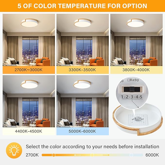 Dimmable LED Wood Flush Mount Ceiling Lights,Modern White 5CCT 2700K-6000K Lighting Fixtures,Round Ceiling Lamp for Kitchen Living Room Dining Room Bathroom Bedroom Entryway 15.8in