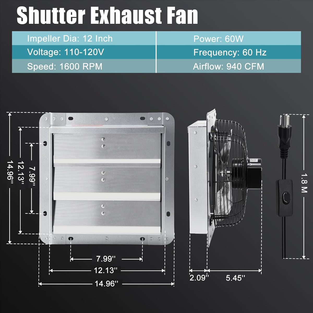 Criditpid 12 Inch Shutter Exhaust Fan, High Speed 970CFM, Wall Mounted Exhaust Fan with Speed Controller and Power Cord for Greenhouse, Garages, Shed, Barn, Basement, Shops, Chicken Coop Ventilation