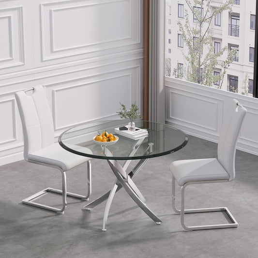 36" Luxury Glass Dining Table Set for 2, 3 Piece Modern Round Dining Tables with 2 White Leather Chairs, Dining Room Tables with Stainless Steel Base, Silver Kitchen Table and Chair Set for 2