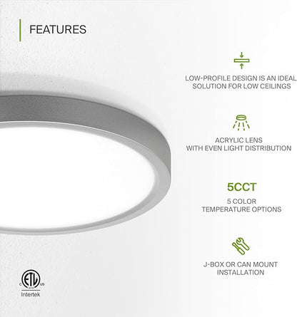 ASD LED 7" Round Flush Mount Ceiling Light Fixture, Low Profile Surface Lighting | 5CCT, Dimmable, Ultra-Thin, ETL Listed | 15W 1260LM 2700-6000K 120V | Kitchen, Bedroom, Hallway Lamp | Nickel