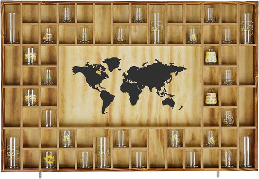 68 Large World Map Shot Glass Display Case Rustic Shot Glass Holder 37x 24.4in Brown Wood Shelf for 2 Different Sizes Glasses Shelf Wall Mount Storage Cabinet for Bar Home Kitchen