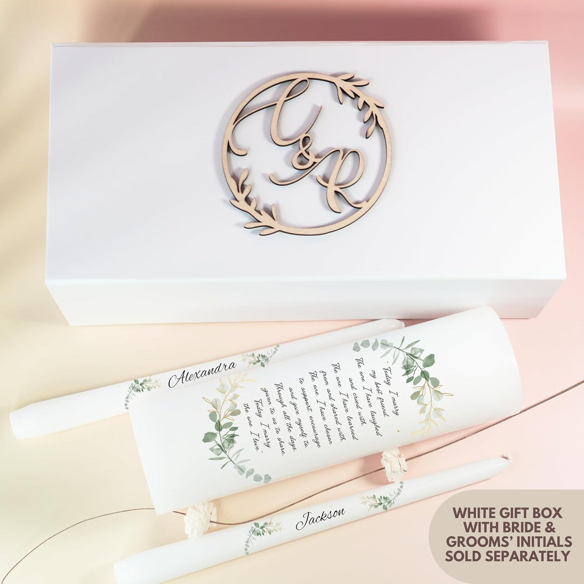 Unity Candles for Wedding, Modern Unity Set, Custom and Personalized Taper Candles with Bible Quote, Unscented White Premium Wax, Religious and Wedding Ceremony, Special Events (Custom Names)
