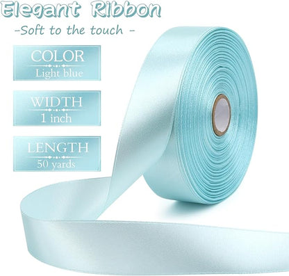 Light Blue Solid Satin Ribbon 1 Inch 50 Yards Solid Polyester Fabric Ribbon for Gift Wrapping Wedding Christmas Baby Shower Birthday Party Decoration Handmade Immortal Flower Craft