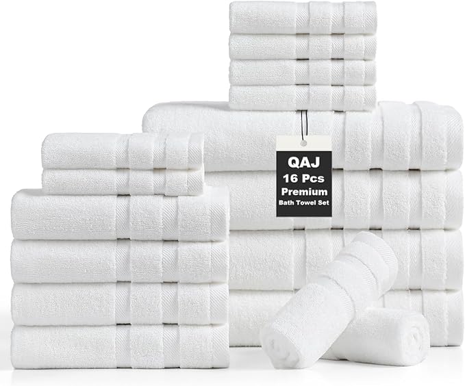 16-Piece Bath Towels Set, 100% Cotton Thick Soft Highly Absorbent Durable, Quick Dry, Bathroom Towels Set (4 Bath Towels, 4 Hand Towels, 8 Washcloths) - Perfect for Daily Use